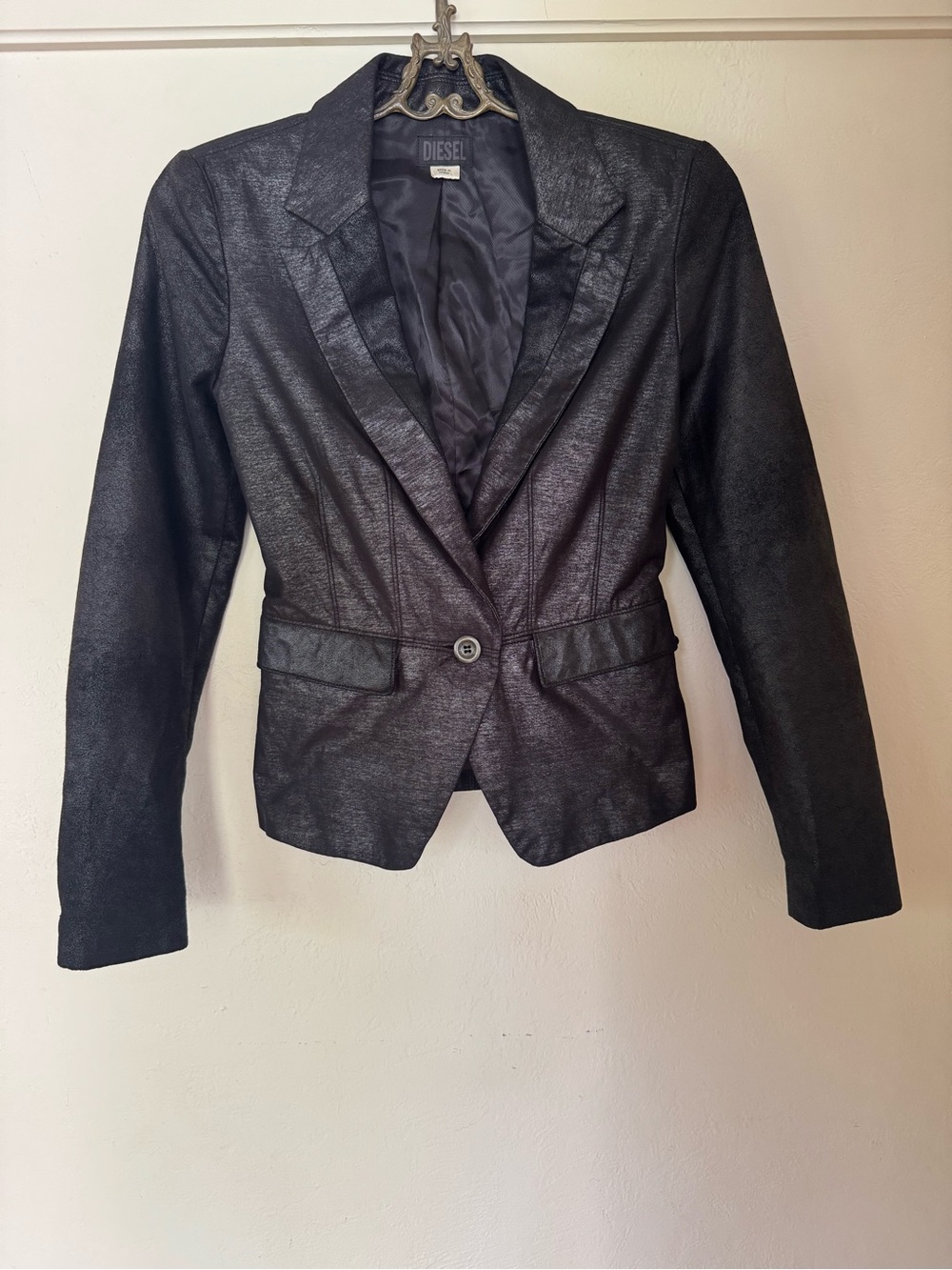 Diesel Black Shimmer Blazer Jacket XXS Metallic Coated Fitted